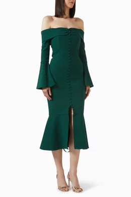 green lavish alice dress GIOVANNA Twisted Cape Shoulder Maxi Dress in Emerald Green main image 1