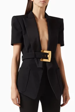 Buy Balmain Black Belted Jacket in Grain de Poudre For Women