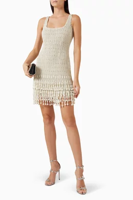 mac duggal white pearl beaded square neck mini dress Beige Pearl Fringe Mini Dress