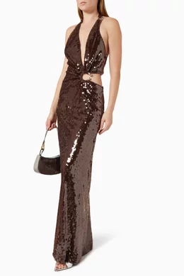brown misha dress Misha Jennifer Cupro Gown Cedar Brown – shortandsweethire
