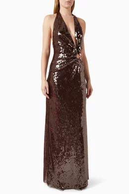 misha brown sequin dress Misha The Sapphire Sequin Maxi Dress in Fig Brown  Hills Shire Hire