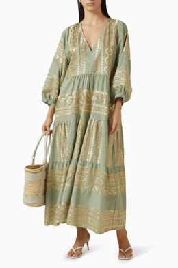 Buy Greek Archaic Kori Green Embroidered Maxi Dress For Women Online