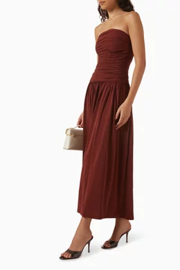brown bandeau midi dress Artemis Shirred Bandeau Midi Dress • Tan M