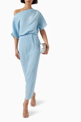 ice blue plisse tilly dress Never Fully Dressed Ice Blue Tilly Off the Shoulder Dress – Ruby 67 Boutique main image 1