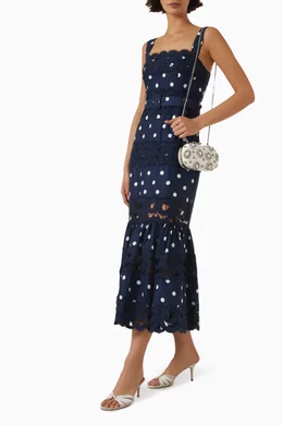 chinese dress ladies Navy Satin Polka Dot Midi Dress  self-portrait