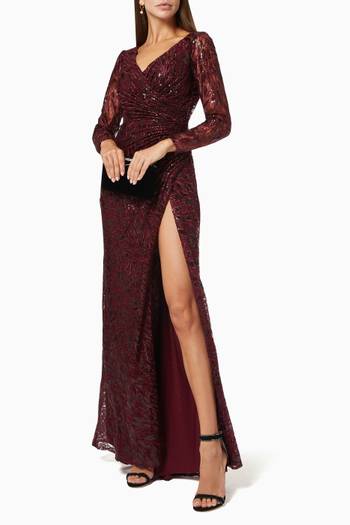 hover state of Ruched Lace Gown with Sequin Embroidery  