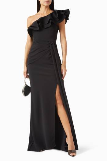 hover state of Ruffled One-shoulder Gown in Stretch Crepe