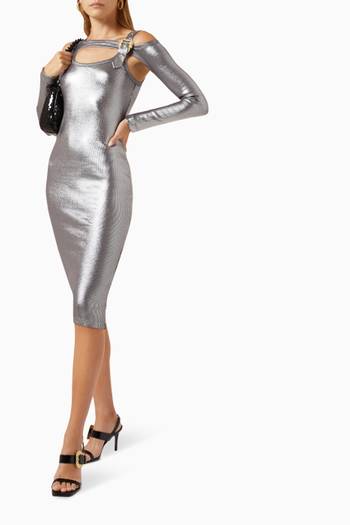 hover state of Buckled Midi Dress in Metallic Ribbed-cotton
