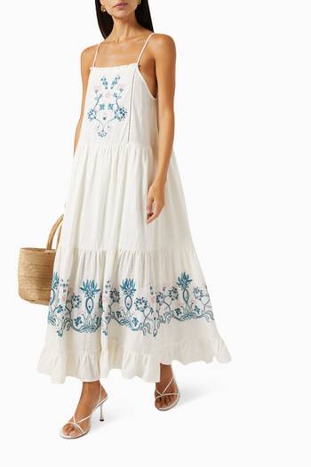 hover state of Canela Floral Embroidered Maxi Dress in Linen-blend