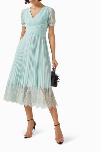 hover state of Pleated Midi Dress in Chiffon & Lace