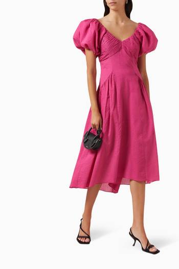 hover state of Puff-sleeve Textured Midi Dress in Cotton