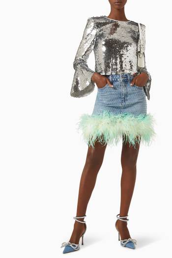 hover state of Rhinestone-embellished Feather Mini Skirt in Denim