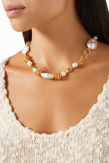 hover state of Mismatched Feminine Waves Pearl Necklace in 18kt Gold-plated Brass