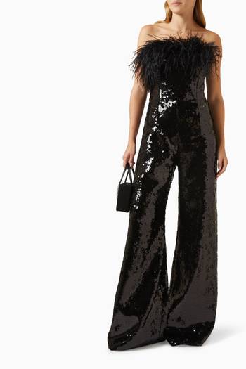 hover state of Taree Feather-trim Strapless Jumpsuit in Sequins