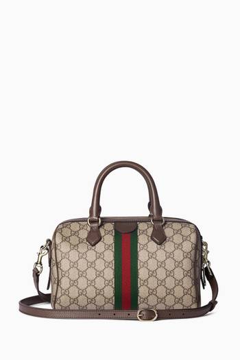 hover state of حقيبة بوسطن أوفيليا متوسطة قنب بنقشة شعار حرفي GG