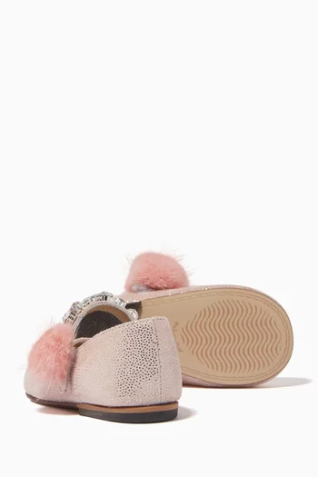 Crystal with Fur-detail Ballerinas in Metallic Leather  