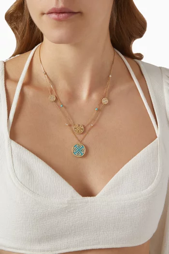 Lace Medallion Turquoise & Diamond Double Layer Necklace in 18kt Yellow Gold
