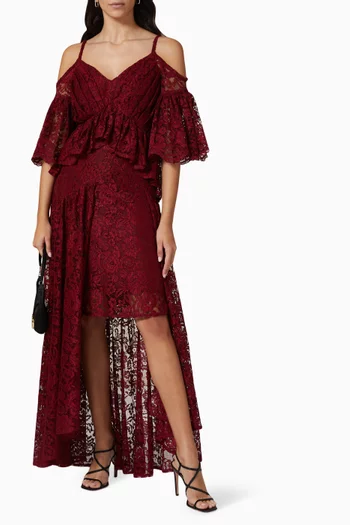 Off Shoulder Ruffled Maxi Dress in Lace