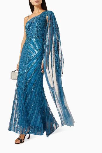 One-shoulder Cape Gown