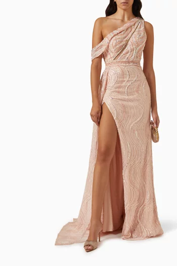 One-shoulder Beaded Gown in Tulle