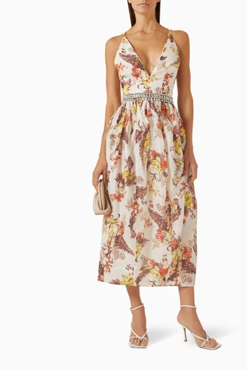فستان ماتشميكر متوسط الطول بنقشة زهور أورجانزا وحرير وكتان