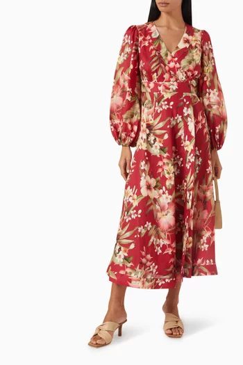 فستان ليكسي بتصميم ملفوف مزين بنقشة زهور كتان