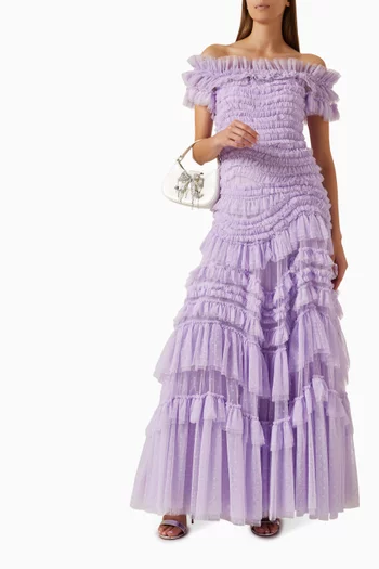 Off-shoulder Ruffled Gown in Tulle