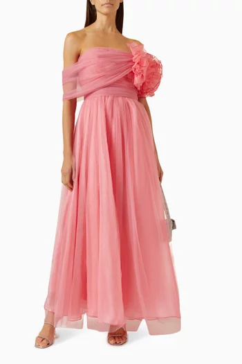 Draped Off-shoulder Maxi Dress in Tulle