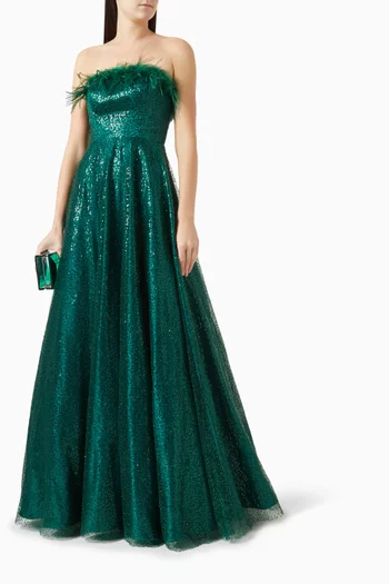 Feather-lined Maxi Gown in Sequins