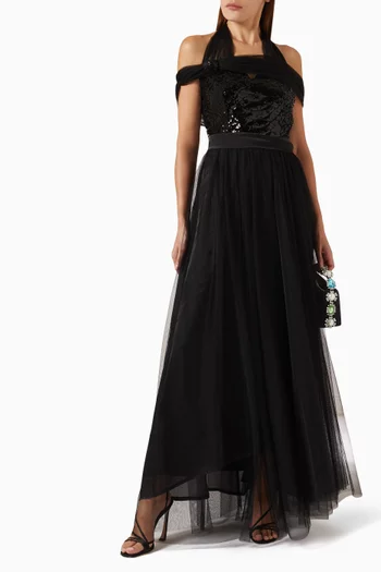 Sequin-embellished Halter-neck Maxi Dress in Tulle