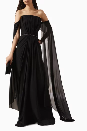 Off-the-shoulder Belted Maxi Dress in Chiffon