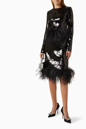Wile Feather-trim Midi Skirt in Sequins