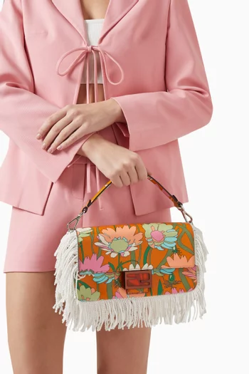 Floral-print Fringed Baguette Shoulder Bag in Coated-canvas