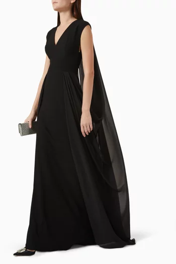 V-neck Cape-sleeve Maxi Dress in Crepe