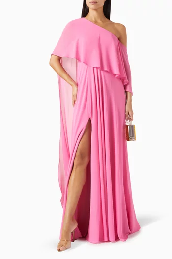 Cape-sleeve Maxi Dress in Crepe Georgette