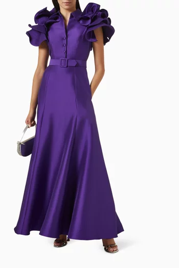Belted Ruffle-sleeve Gown in Mikado