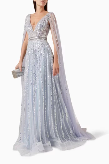 Beaded Cape Gown in Tulle