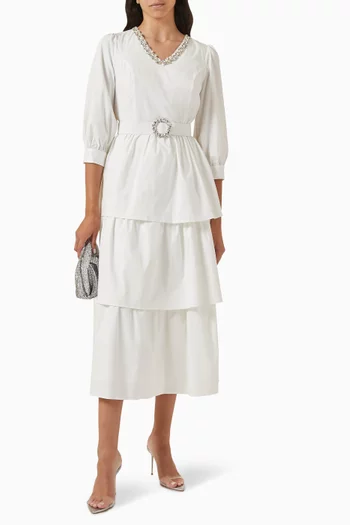 Embellished Belted Midi Dress in Cotton