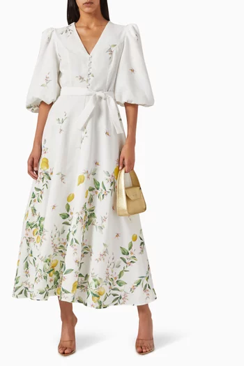 Lemon-print Belted Midi Dress
