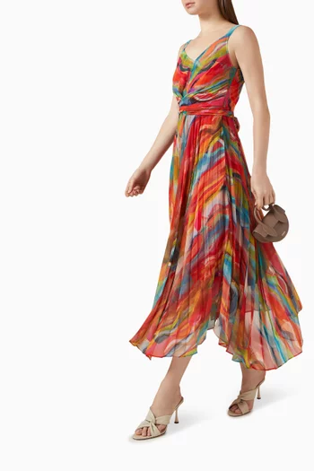 Printed Pleated Midi Dress in Chiffon