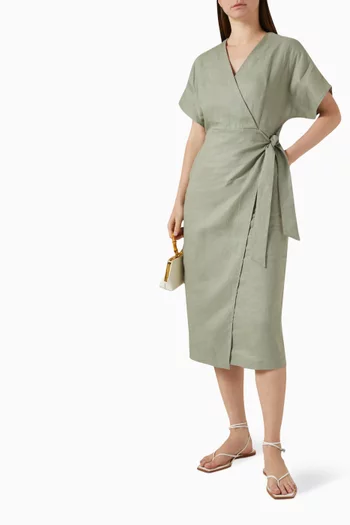 Belted Wrap Midi Dress in Linen