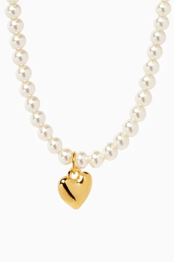 Puffed Heart Swarovski Pearl Necklace in Gold-vermeil