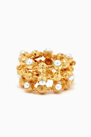 Mesh Orbs Ring with Pearls in 18kt Gold-plated Brass