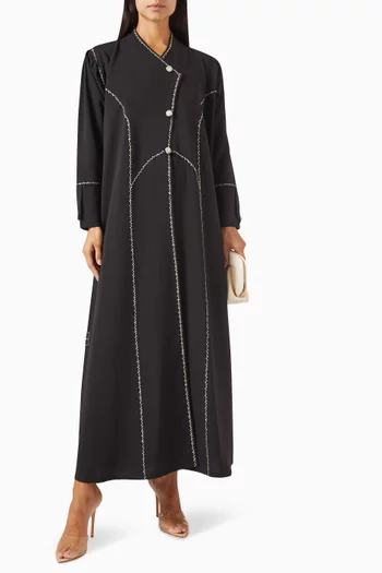 Thread-embroidered Buttoned Abaya in Mixed Linen