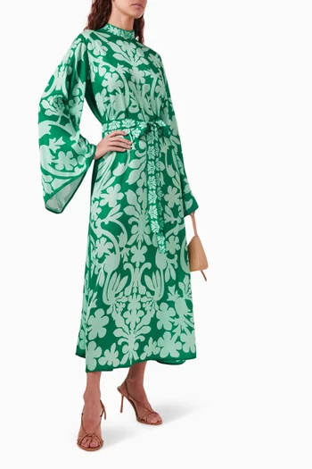 Auli Floral Belted Midi Dress in Cotton-silk