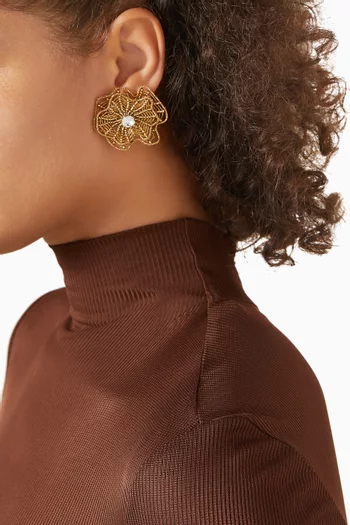 Corded Flower Crystal Stud Earrings in Brass