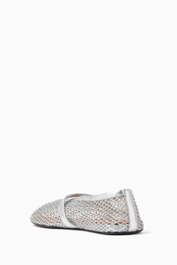 Mary Jane Ballet Flats in Laminated Leather & Fishnet