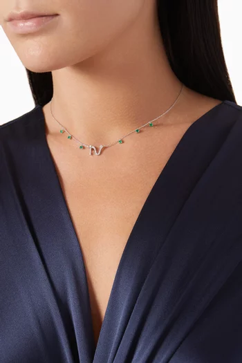 Intertwined Arabic Initial Letter 'N' Necklace in 18kt White Gold & Emeralds