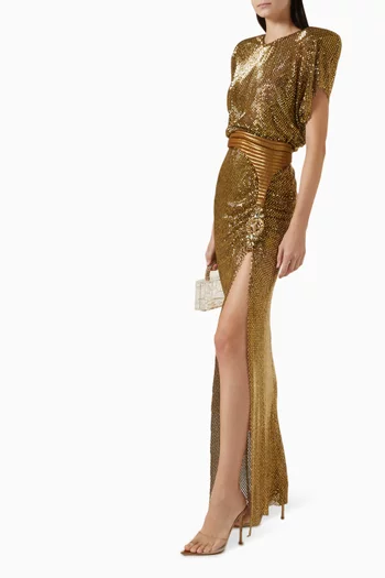 JEM GOWN- HAND SEWN PREMIUM GARMENT, CRYSTAL STONE MESH GOWN WITH STITCHED WAISTBAND, JEWEL SUSPENDER DETAIL & SHOULDER ACCENTS:Gold    :2|217412009