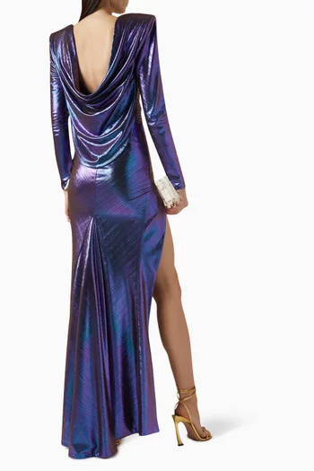 FREE & EASY GOWN- METALLIC FABRIC FULLY LINED GOWN WITH STITCHED V-SHAPED CINCHER WAIST, FRONT BODICE CUT OUT, COWL BACK FEATURE & SHOULDER ACCENTS:Multi Colour:2|217411954